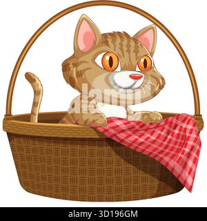 Cartoon Tabby Katze mit orangefarbenen Augen im Korb, rotes kariertes Tuch, weißer Hintergrund Stock Vektor