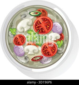 Bunte Vektor-Illustration der asiatischen Gemüsesuppe mit Tomaten, Pilzen und Kräutern, Draufsicht. Stock Vektor