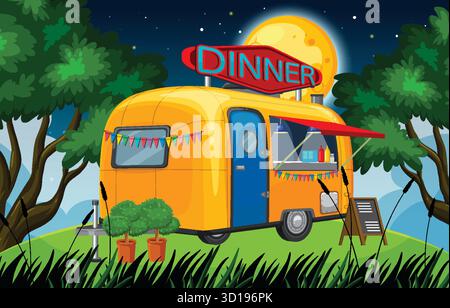 Gelber Vintage Food Truck mit Dinner Schild in einem mondbeleuchteten Park, festliche Lichter, grasbewachsenes Feld. Stock Vektor
