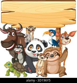 Bunte Vektor-Illustration von verschiedenen wilden Tieren versammelt unter einem leeren hölzernen Schild Stock Vektor