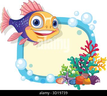 Bunte Karikaturfische und Korallenriffrand mit Blasen, verspielter Unterwasser-Vektor-Illustration Stil Stock Vektor