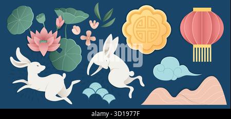 Poster mit Mondkaninchen-Laternen und Kirschblüten im realistischen Cartoon-Stil Stock Vektor