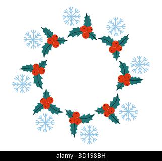 Weihnachtskranz mit Stechpalme und Schneeflocken Stock Vektor