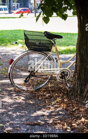 Ljubljana, Slowenien August 10-2025 ein Fahrrad, das sich an einen Baum im Park lehnt Stockfoto