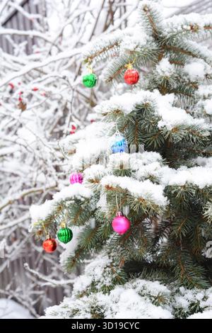 Weihnachtsbaum aus blauer Fichte bedeckt mit Schnee und mit bunten Weihnachtskugeln im Garten dekoriert Stockfoto