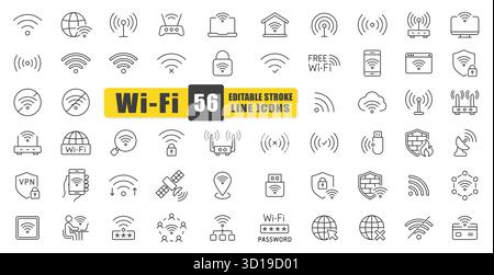 Symbol für WLAN-Leitung Vektorsatz. Eine Sammlung von 54 bearbeitbaren Schlagsymbolen, die drahtlose Signale, Router, Verbindungen, Kennwörter und Netzwerke darstellen. Perfekt Stock Vektor