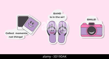 Eine Kollektion entzückender y2k-Reiseaufkleber. Dazu gehören eine pinkfarbene Kamera, lila Flipflops und Fotos, die in einem lustigen, farbenfrohen Cartoon-Stil gestaltet wurden. Stock Vektor