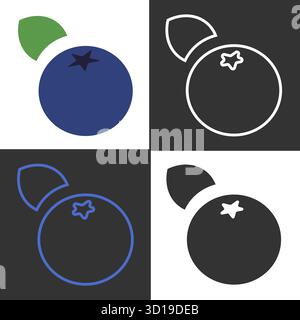 Diese Kollektion zeigt einzigartige Symbole der Blaubeeren in vier verschiedenen Stilen und Farben. Die optischen Kontraste zeigen die Fruchtform und die charakteristischen Merkmale deutlich. Stock Vektor