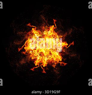 Eine helle, symmetrische Brandexplosion mit intensiven gelben und orangen Flammen. Funken und Partikel sind um den Feuerball herum vor einem schwarzen Hintergrund sichtbar Stockfoto