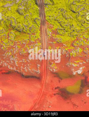 Aus der Vogelperspektive eines Einzelfahrzeugs führt über eine schroffe Straße inmitten lebendiger moosbedeckter Lavafelder, ein lebhafter Kontrast von Grün und Rot, Heydalsvegur, Island. Stockfoto