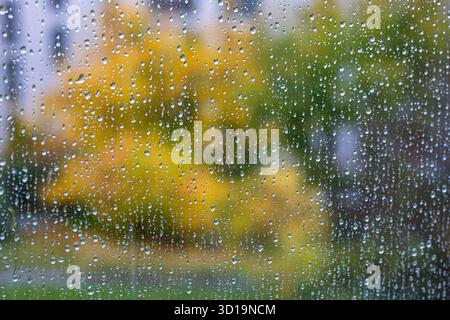 Regen tropft durch ein großes Fenster mit unscharfen, fallsfarbenen Bäumen im Hintergrund. Nahaufnahme, geringe Schärfentiefe, launisch, keine Leute Stockfoto