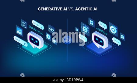 Vergleich von generativer KI und Agentic AI – isometrische moderne Vektorillustration für Unternehmenspräsentation, Marketing-Banner, Website-Header Stock Vektor