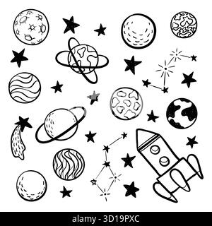 Großer Satz handgezeichneter Kritzelemente Raum, Rakete, Stern, Planet, Weltraumsonden schwarz und weiß isoliert auf Hintergrund Stock Vektor