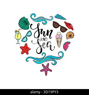 Sonne und Meer. Pinselstift-Schriftzug. Handgezeichneter Zeichentrickfilm Sommer Symbol und Objekte Design für Feiertagsgrußkarte und Einladung des saisonalen Sommers Stock Vektor