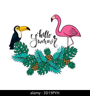 Tropische Sommer Illustration mit rosa Flamingo, Tukan, Ananas, exotischen Blättern. Design für Weihnachtsgrußkarte und Einladung des saisonalen Sommers Stock Vektor