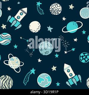 Kindliches nahtloses Muster. Handgezeichnete Weltraumelemente Weltraum, Rakete, Stern, Planet, Weltraumsonde. Trendige Kinder Vektor-Illustration zum Einpacken, Poster Stock Vektor