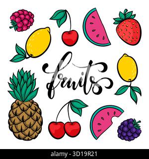 Obstset, Symbol des Sommers. Früchte handgezeichnete Kalligraphie und Pinselstiftschrift. Design für Weihnachtsgrußkarte und Einladung der Saison Stock Vektor