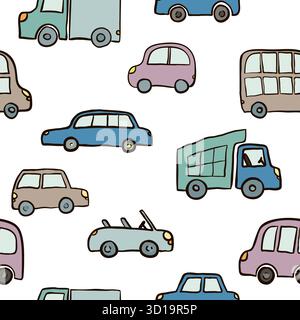 Nahtloses Muster von handgezeichneten, niedlichen Cartoon-Autos für Kinder. Vektor-Illustration Verpackung, Paket, Poster, Webdesign, Kindergewebe, Textil Stock Vektor