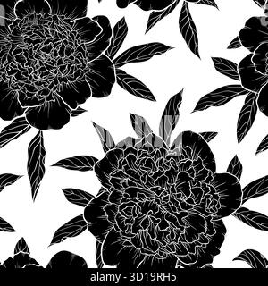 Schöne einfarbige nahtlose Hintergründe von Schwarzweiß-Pfingstrosen handgezeichnet. Design für Grußkarten und Einladungen zu Hochzeit, Geburtstag Stock Vektor