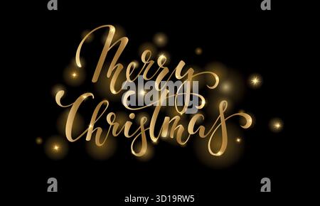 Goldener Text auf schwarzem Hintergrund Frohe Weihnachten. Handgezeichneter Schriftzug für Einladung und Grußkarte und Einladungen zur frohen Weihnachten Stock Vektor