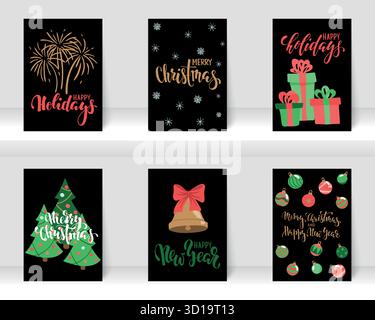 Set mit Grußkarten zu Weihnachten und zum guten Neujahr mit Kalligrafie und handgezeichneten Elementen. Entwerfen Sie Weihnachtsgrußkarten und Einladungen Stock Vektor