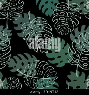 Nahtloses Doodle-Muster mit Vintage-Monsterablättern. Design für Urlaubsgrußkarte und Einladung für saisonale Sommerferien, Sommerstrand Stock Vektor