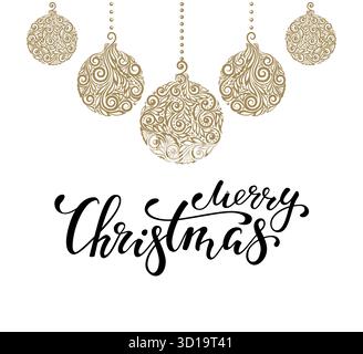 Hängende Weihnachtskugel mit einem Blumenwirbel. Handgezeichneter Kalligraphie-Schriftzug „Merry Christmas“. Entwerfen Sie Weihnachtsgrußkarten und Einladungen von Merry C. Stock Vektor
