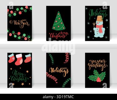 Set mit Grußkarten zu Weihnachten und zum guten Neujahr mit Kalligrafie und handgezeichneten Elementen. Entwerfen Sie Weihnachtsgrußkarten und Einladungen der Merr Stock Vektor