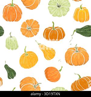 Nahtloses Muster mit handgezeichnetem Kürbis im Cartoon-Stil. Niedliches, nahtloses Textil mit Herbstmuster. Design für Grußkarte und Einladung der Saison Stock Vektor