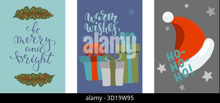 Set mit Grußkarten zu Weihnachten und zum guten Neujahr mit Kalligrafie und handgezeichneten Elementen. Entwerfen Sie Weihnachtsgrußkarten und Einladungen der Merr Stock Vektor