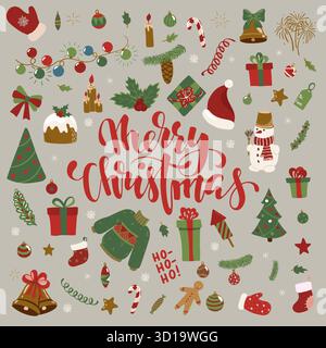 Happy New Year und Merry Christmas Doodle Set. Sammlung von Weihnachtselementen für die Gestaltung von Weihnachtsgrußkarten und Einladungen zu Frohe Weihnachten und Stock Vektor