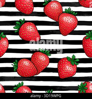 Nahtlose rote Erdbeere mit Blatt auf schwarzen und weißen Aquarellstreifen. Entwerfen Sie die Grußkarte und die Einladung zu saisonalen Sommerurlauben Stock Vektor