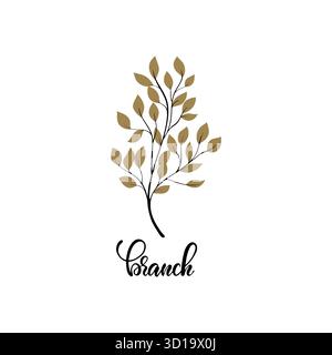 Einfacher Baumzweig mit goldenen Blättern. Vektorpflanze, isoliert auf weißem Hintergrund mit Wortzweig. Designelement für Logo und Grußkarte Stock Vektor