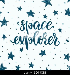 Briefplakat Raumforscher im Weltraum, mit Planeten, Sternen, Rakete. Isoliert auf Hintergrund. Vektorabbildung. Flaches Design im skandinavischen Stil Stock Vektor