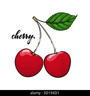 Rote Kirsche mit Schriftzug Kirsche. Design für Weihnachtsgrußkarte und Einladung zu saisonalen Sommerferien Stock Vektor