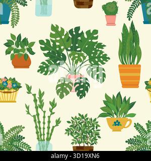 Nahtloses Muster dekorativer Zimmerpflanzen isoliert auf Hintergrund. Trendige Pflanzen, die in Töpfen oder Pflanzgefäßen wachsen. Schöne natürliche Wohndekoration Stock Vektor