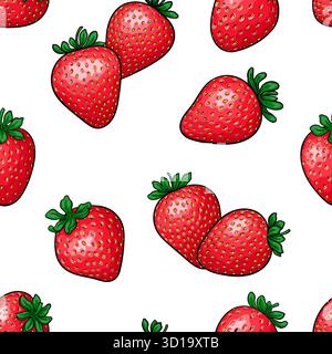 Nahtloses Muster rote Erdbeere mit schwarzer Kontur auf schwarzem Hintergrund, Symbol des Sommers. Entwerfen Sie die Weihnachtsgrußkarte und die Einladung der saisonalen Summen Stock Vektor
