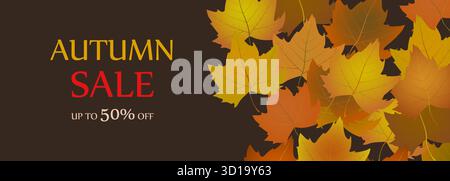 Werbebanner im Herbst-Sonderangebot. Dunkelbrauner breiter Hintergrund mit herabfallenden hellen Herbstblättern. Vektorabbildung Stock Vektor