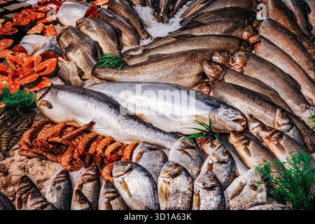 Auf einem Markt wird eine große Auswahl an Fisch und Meeresfrüchten ausgestellt. Die Fische haben verschiedene Größen und Formen, und sie sind so angeordnet, dass sie die Fische bilden Stockfoto