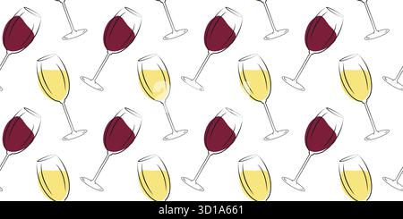 Klassische Weingläser Rote und weiße abstrakte Flecken als Wein in Bechern nahtloses Muster Banner Format. Isolierte Vektor-Illustration Weintag Gruß Themenkarten Menü Fond Promo Faltblatt Banner Preisschild Stock Vektor
