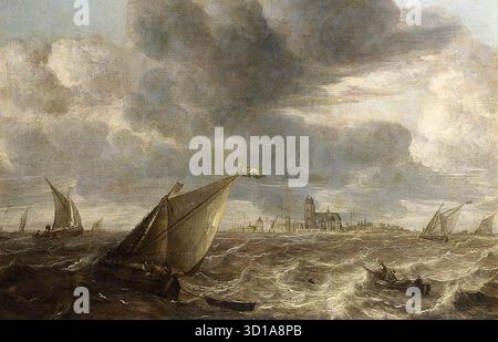 BEYEREN, Abraham van (* 1620, den Haag, d. 1690, Overschie) Flusslandschaft - Öl auf Tafel, 61 x 94 cm Privatsammlung das Gemälde zeigt eine Flusslandschaft mit Fischerbooten in starker Brise vor einer Stadt, wahrscheinlich Dordrecht. --- Schlüsselwörter: ----------------- Autor: BEYEREN, Abraham van Titel: Flusslandschaft Zeitlinie: 1651-1700 Schule: Niederländisch Form: Malerei Typ: Landschaft Stockfoto