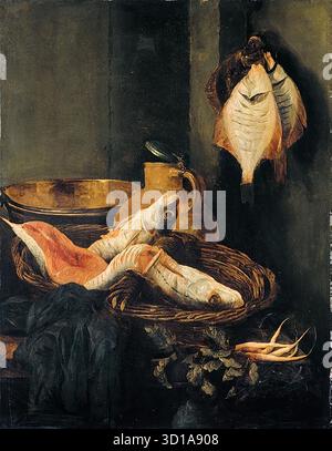 BEYEREN, Abraham van (* 1620, den Haag, d. 1690, Overschie) Stillleben mit Fisch im Korb - Öl auf Platte, 98 x 75 cm Privatsammlung --- Schlüsselwörter: ----------------- Autor: BEYEREN, Abraham van Titel: Stillleben mit Fisch im Korb Zeitlinie: 1651-1700 Schule: Niederländisch Form: Malerei Typ: Stillleben Stockfoto