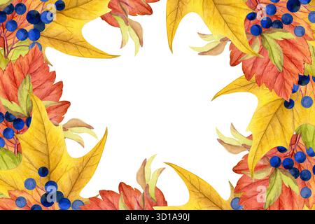 Herbstrahmen. Aquarell von bunten Herbstblättern und wilden Trauben isoliert auf weißem Hintergrund. Gut für Postkarten, Rezepte, Menüs, Einladungen Stockfoto
