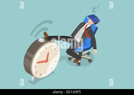Isometrische flache 3D-Illustration des Nachmittagseinbruchs, das Aufschieben des faulen Mitarbeiters Stockfoto