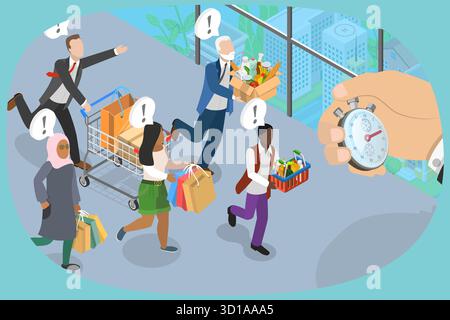 3D Isometrische flache Illustration von Shoppers Racing, Werbung mit großem Rabatt Stockfoto