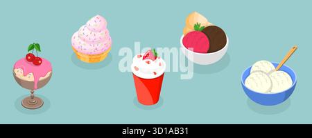 Isometrisches, flaches 3D-Eisset, Kollektion kaltsüßer Desserts Stockfoto