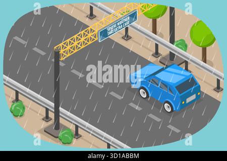 Isometrische flache 3D-Illustration von schlechten Wetterbedingungen, sicheres Fahren in der Regensaison Stockfoto