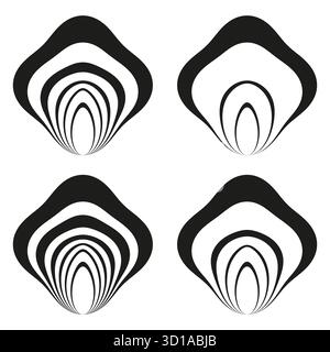 Abstrakte Schalenformen. Geometrisches Wassersymbol. Einfacher schwarzer Vektor. Vier Wellenelemente. EPS 10. Stock Vektor