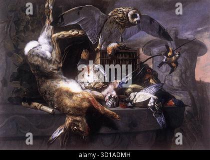 BOEL, Pieter (* 1622, Antwerpen, d. 1674, Paris) Stilleben mit Eulen - Öl auf Leinwand, 68 x 93 cm Museum voor Schone Kunsten, Gent dieses ungewöhnliche Stilleben mit Eulen wurde früher Frans Snijders' begabtesten Schüler Jan FYT zugeschrieben. Sie wird jedoch einem anderen Schüler von Snijders zugeschrieben, nämlich Pieter Boel. Diese Künstler zeigten wahre Virtuosität in ihrer Darstellung der verschiedenen Texturen von Pelz und Gefieder. --- Schlüsselwörter: ----------------- Autor: BOEL, Pieter Titel: Stillleben mit Eulen Zeitlinie: 1651-1700 Schule: Flämische Form: Malerei Typ: Stillleben Stockfoto