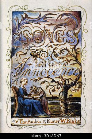 BLAKE, William (* 1757, London, d. 1827, London) Songs of Innocence (Titelseite) 1825 Relief-Ätzung, handgemalt mit Aquarell und Gold, 152 x 140 mm Metropolitan Museum of Art, New York William Blake ist der einzige Künstler seines Ranges, der noch besser als Dichter bekannt ist, und einige seiner erfreulichsten Werke sind diejenigen, die er als „Leuchtdruck“ bezeichnet, die Bild und Wort zu einem vollständig integrierten und vollständig persönlichen Ergebnis verbinden. Songs of Innocence, veröffentlicht 1789, umfasst 31 erleuchtete Gedichte; das Buch wurde 1794 mit Songs of Experience mit insgesamt 54 Platten neu veröffentlicht. Stockfoto